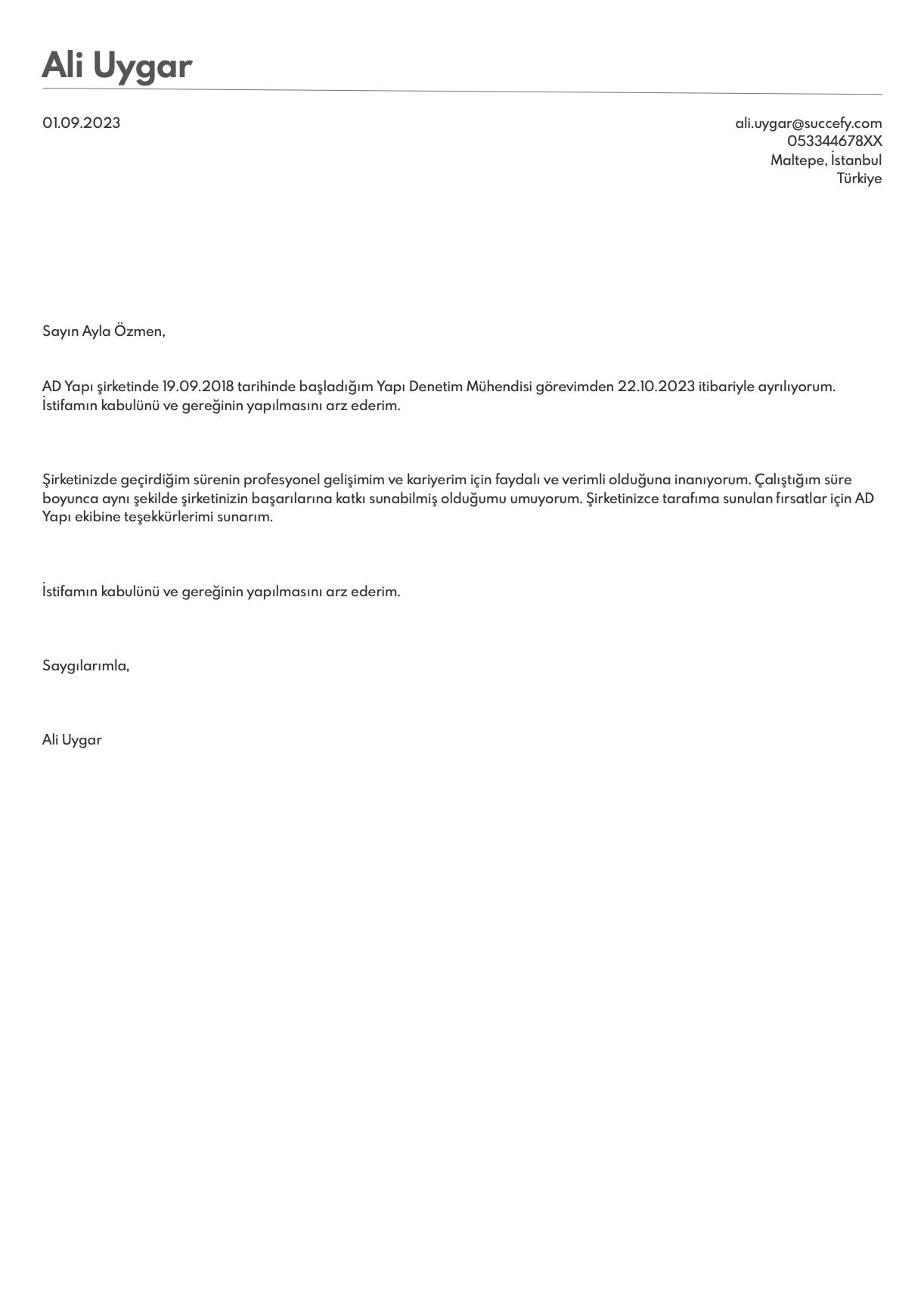 Profesyonel istifa mektubu şablonu - Dakikalar içinde istifa mektubunuzu oluşturun