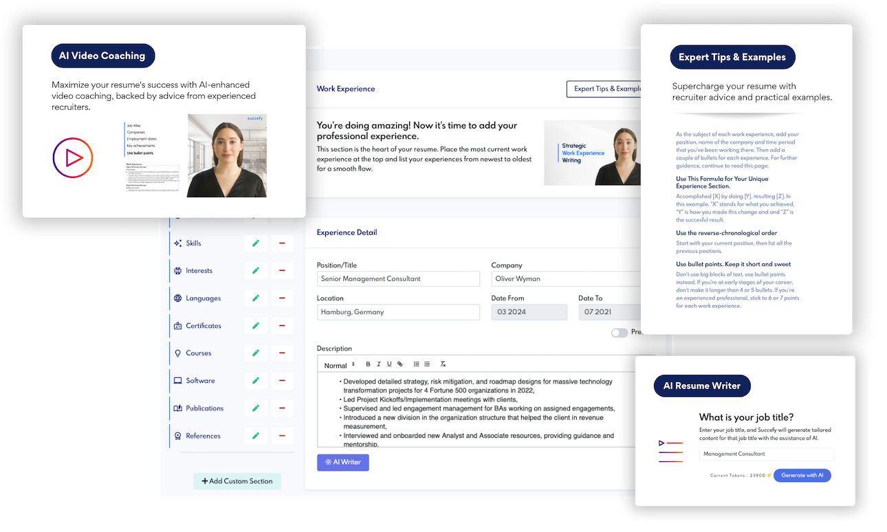 Generative AI resume builder interface by Succefy, designed to create professional resumes effortlessly.